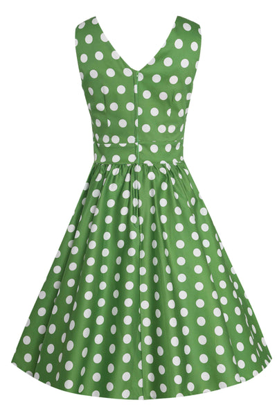 Back view of Crossover Bust Green White Polka Dot Dress