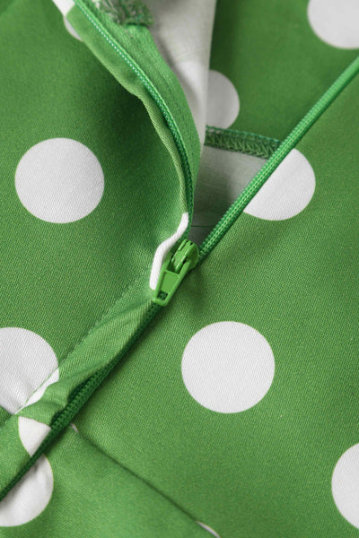 Close up view of Crossover Bust Green White Polka Dot Dress