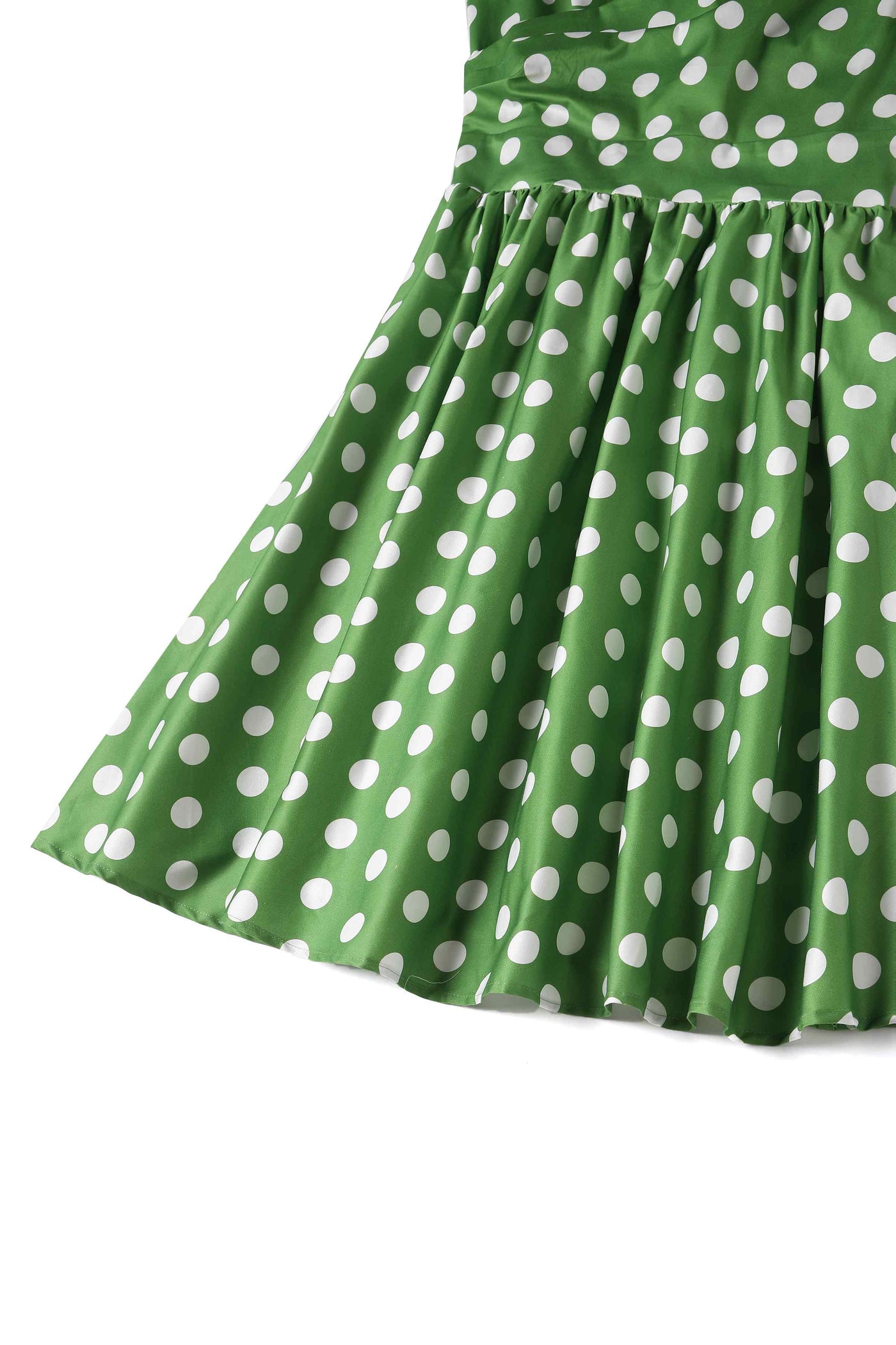 Close up view of Crossover Bust Green White Polka Dot Dress