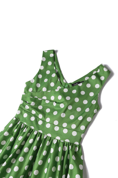Close up view of Crossover Bust Green White Polka Dot Dress