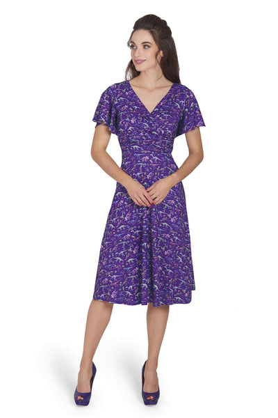 Model photo of Crossover Bust Purple Dinosaur Fossil Dress