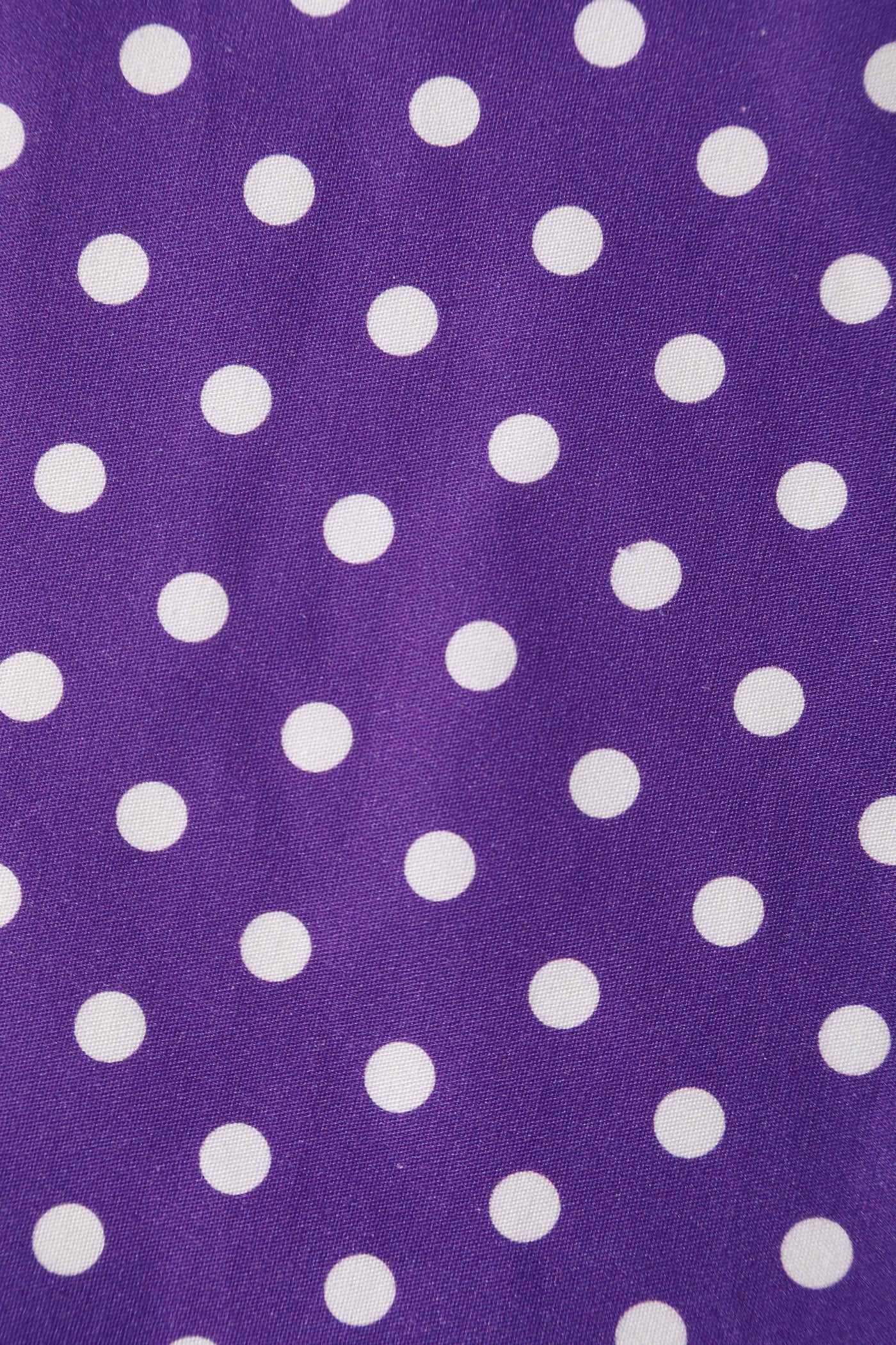 Close up view of Crossover Bust Purple White Polka Dot Dress