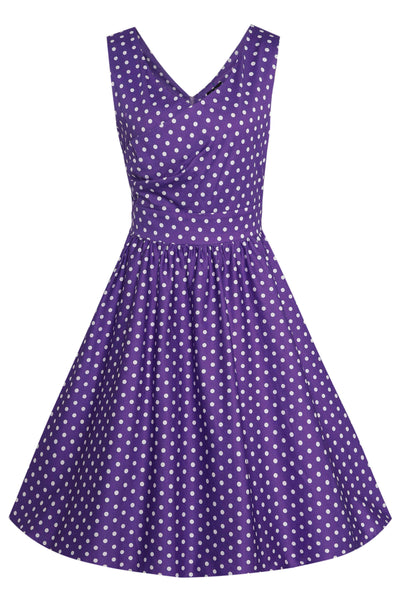Front view of Crossover Bust Purple White Polka Dot Dress