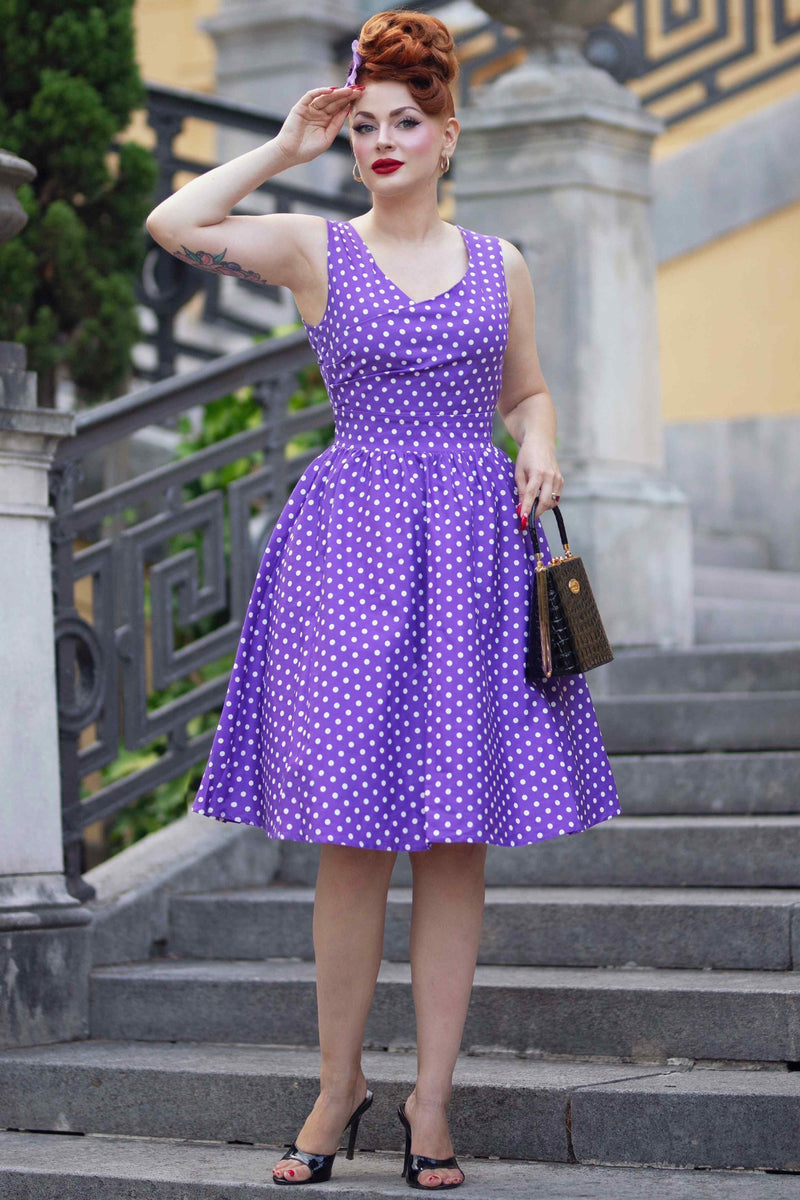 May Crossover Bust Purple White Polka Dot Dress 8