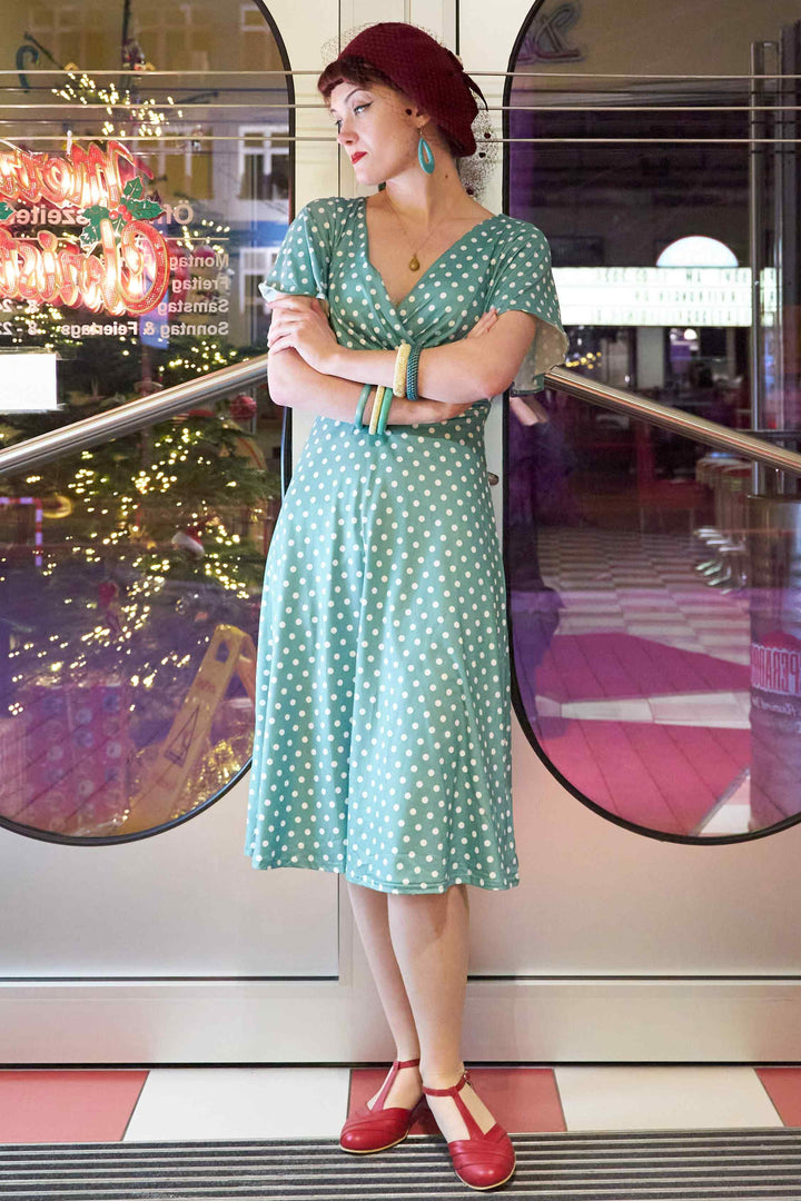 Donna Crossover Bust Sage Green Polka Dot Dress Donna Crossover Bust Sage Green Polka Dot Dress