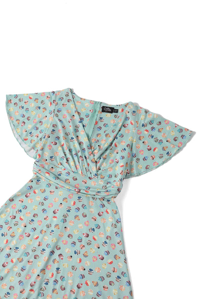 Close up view of Cupcake Print Tea Dress in Blue
