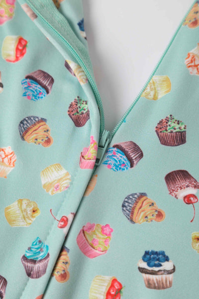 Close up view of Cupcake Print Tea Dress in Blue