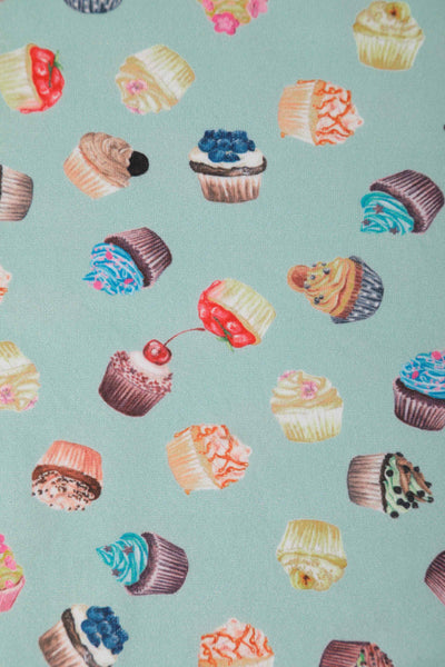 Close up view of Cupcake Print Tea Dress in Blue
