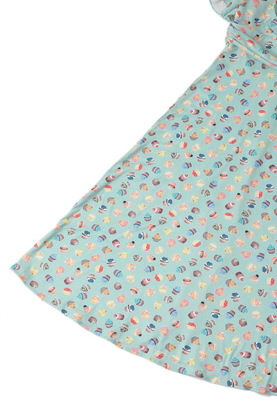 Close up view of Cupcake Print Tea Dress in Blue