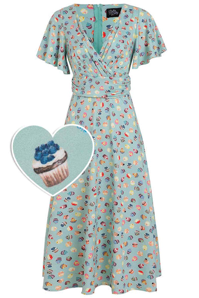 Front view of Cupcake Print Tea Dress in Blue