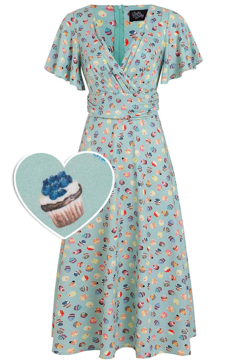 Front view of Cupcake Print Tea Dress in Blue