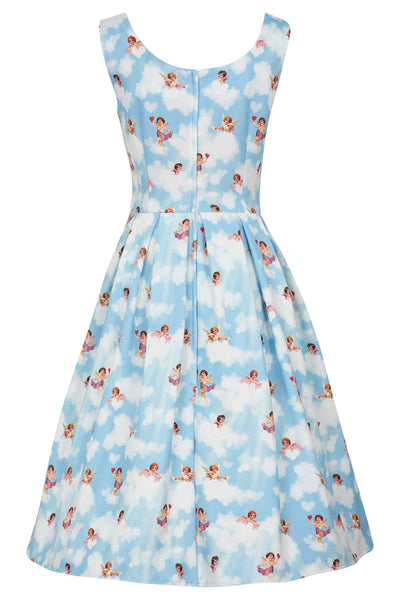 Back View of Cupid Print Swing Dress in Light Blue