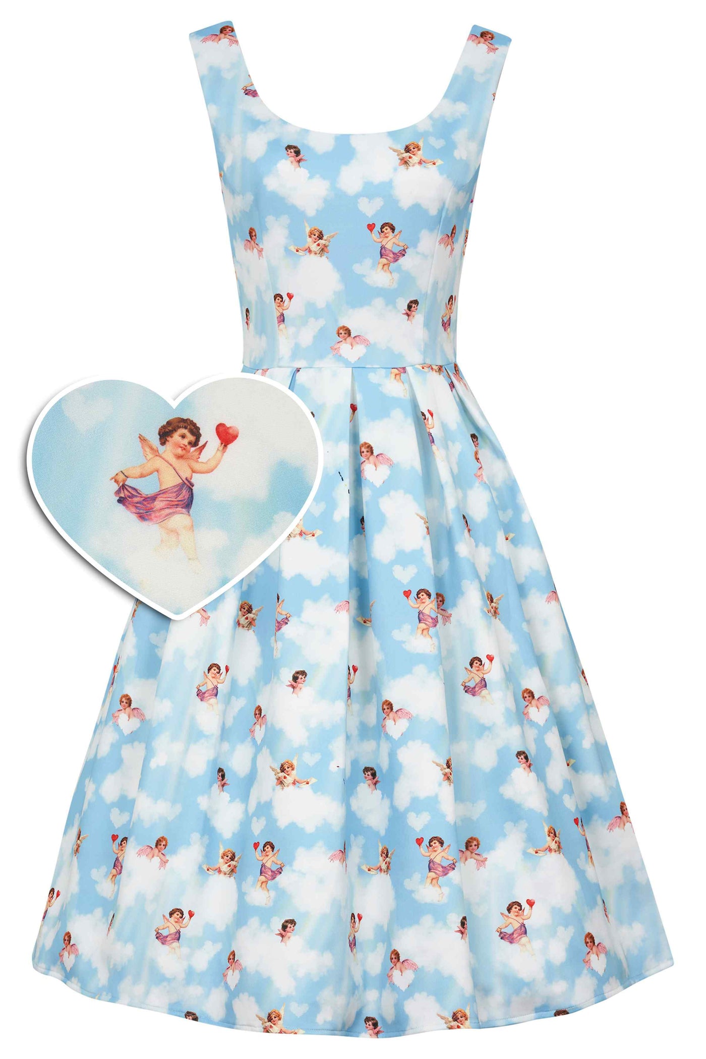 Front View of Cupid Print Swing Dress in Light Blue