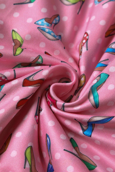 Close up View of Cute Pink Stiletto Print Wrap Swing Dress
