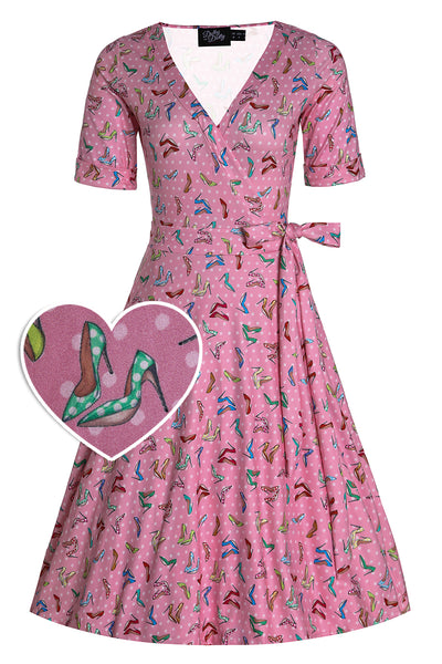Front View of Cute Pink Stiletto Print Wrap Swing Dress