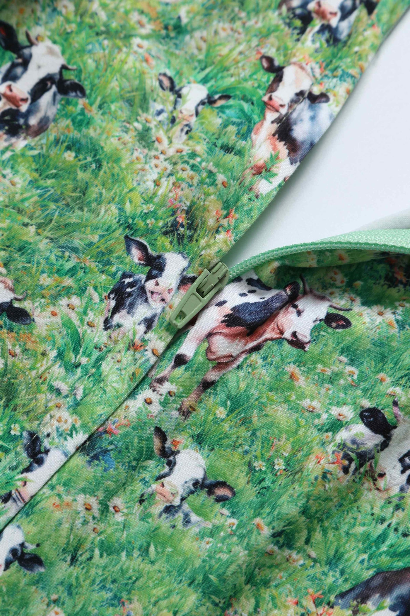 Close up View of Dairy Cow Field Short Sleeved Dress in Green