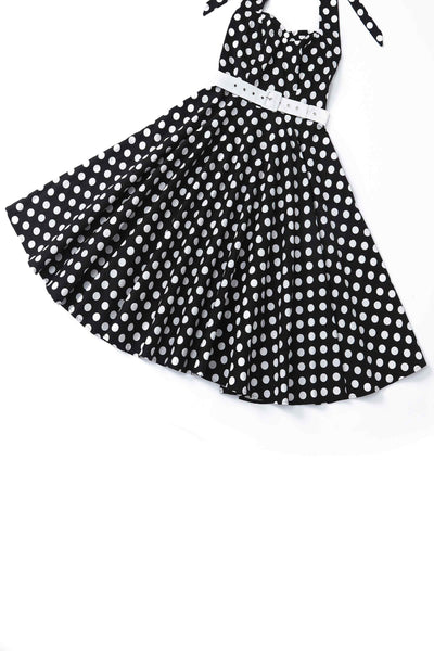 Close up view of Daisy Black Polka Dot Halter Dress