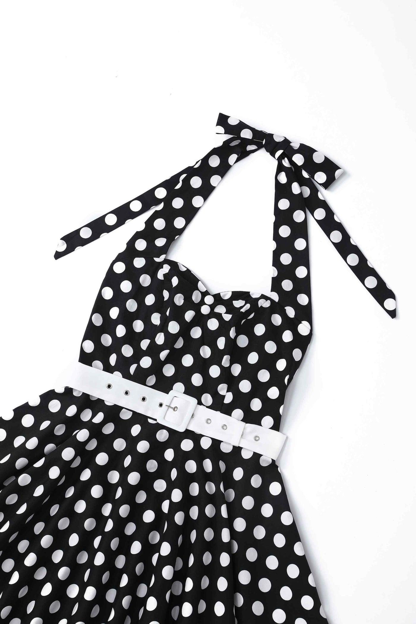 Close up view of Daisy Black Polka Dot Halter Dress