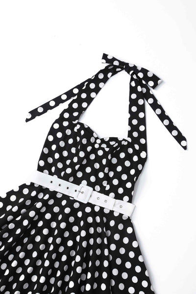 Close up view of Daisy Black Polka Dot Halter Dress