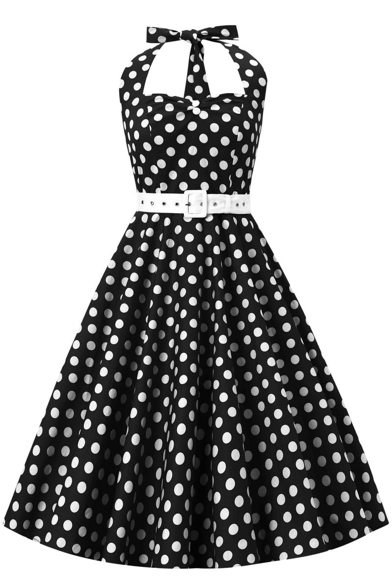 Front view of Daisy Black Polka Dot Halter Dress
