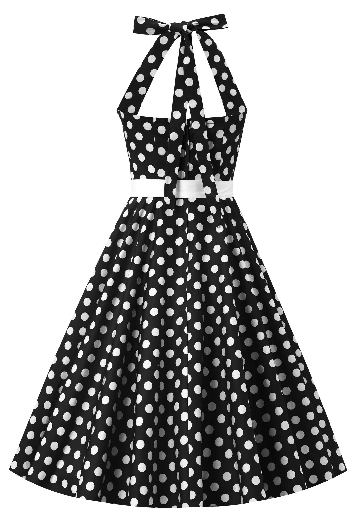 Back view of Daisy Black Polka Dot Halter Dress