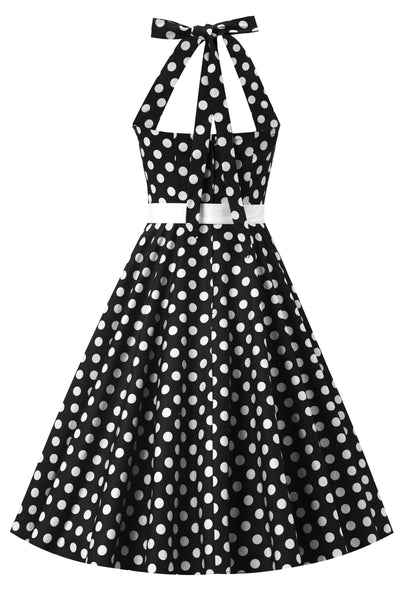 Back view of Daisy Black Polka Dot Halter Dress