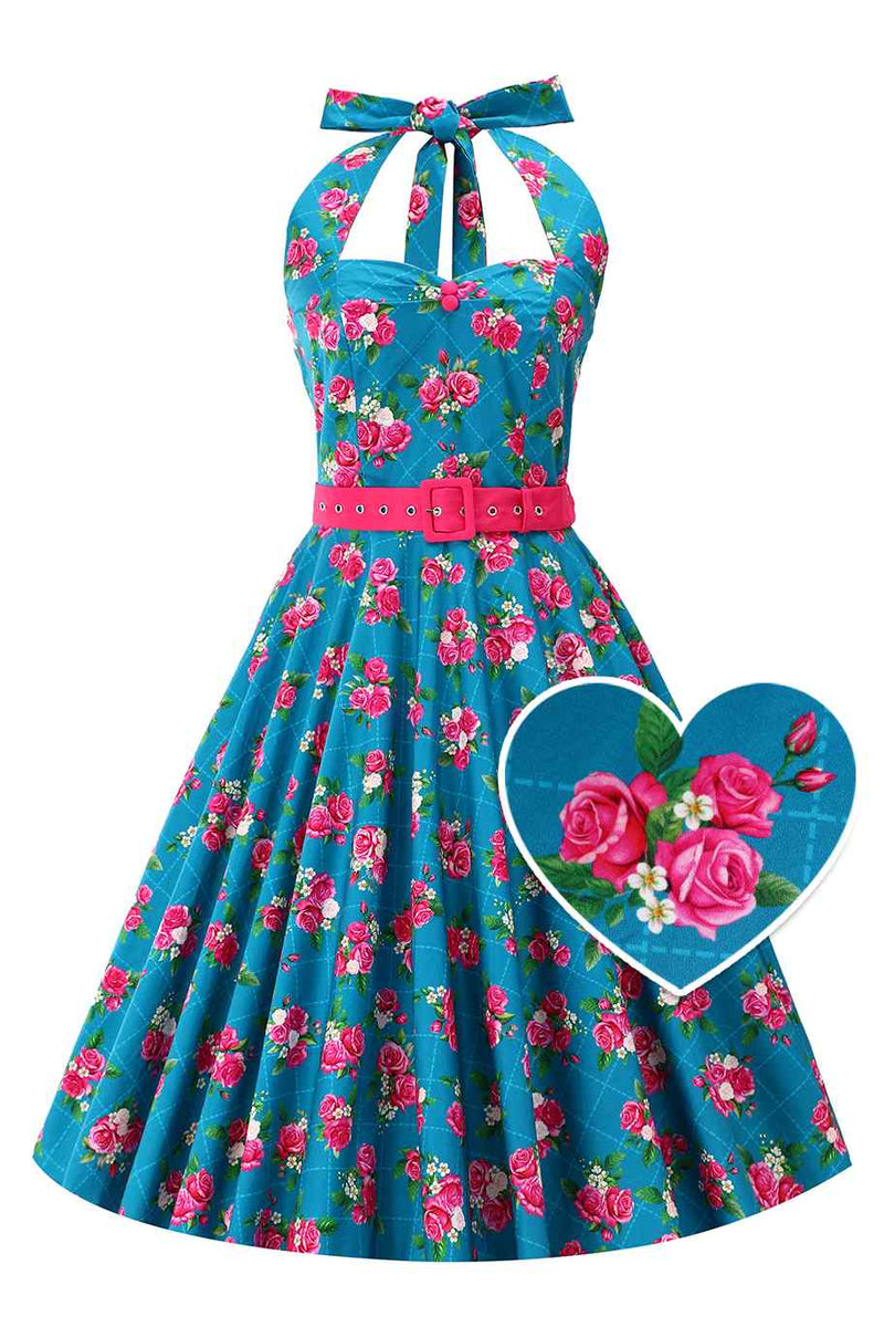Front view of Fifties Style Rose Halter Dress