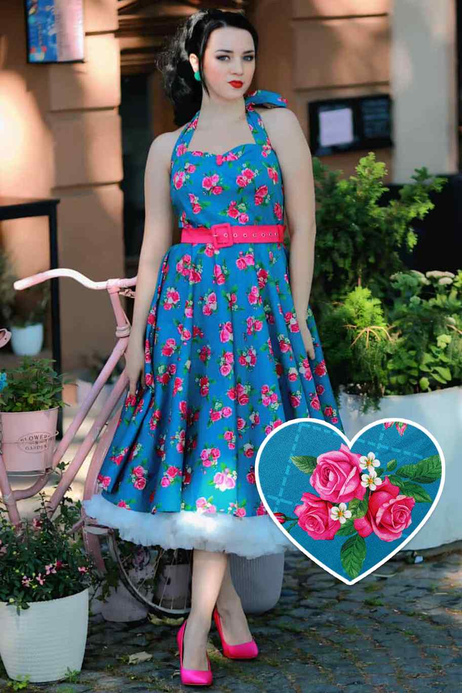 The model wearing in a Fifties Style Rose Halter Dress