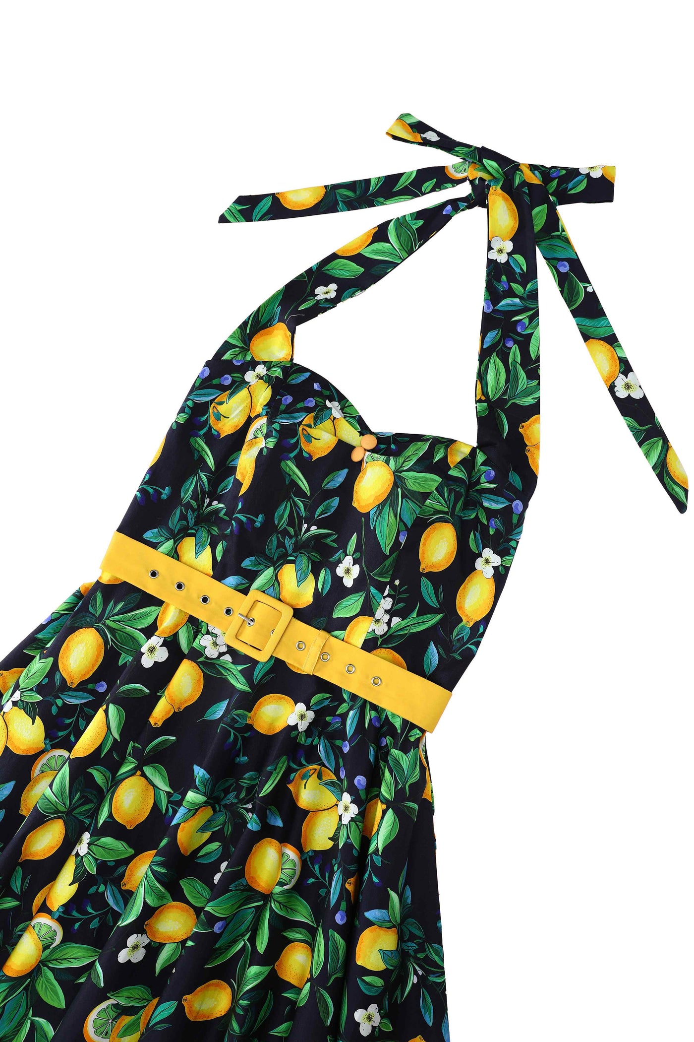 Close up view of Daisy Lemon Halter Dress In Black