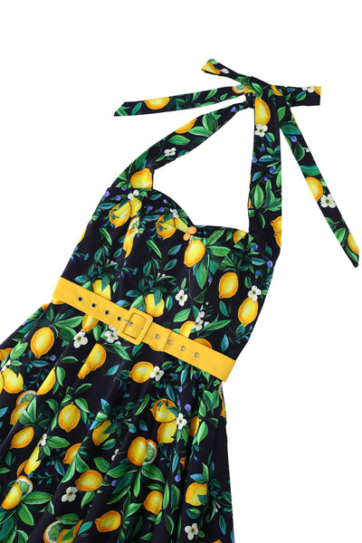 Close up view of Daisy Lemon Halter Dress In Black