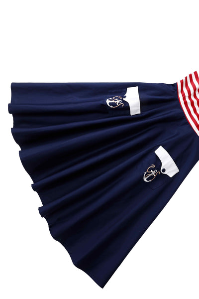 Close up view the skirt of Daisy Nautical Striped Halter Dress