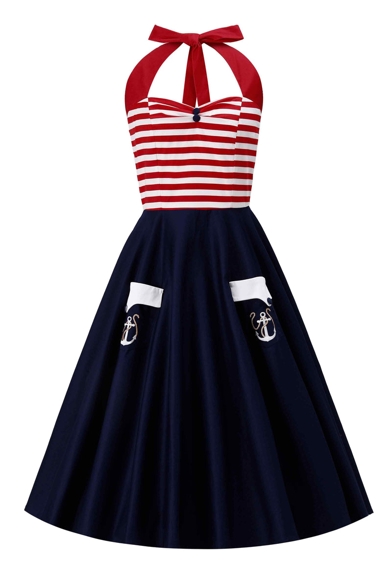 Front view of Daisy Nautical Striped Halter Dress With Anchor Embroidery