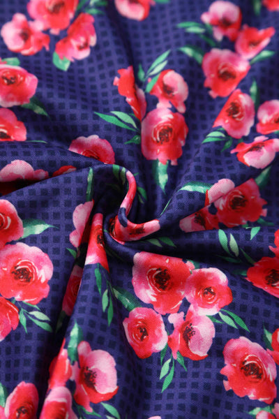 Close up view of Dark Blue Floral Tea Dress