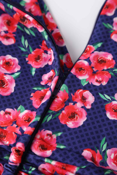 Close up view of Dark Blue Floral Tea Dress