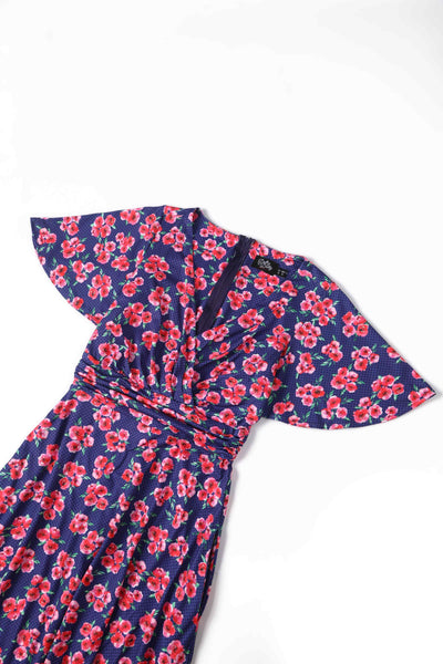 Close up view of Dark Blue Floral Tea Dress