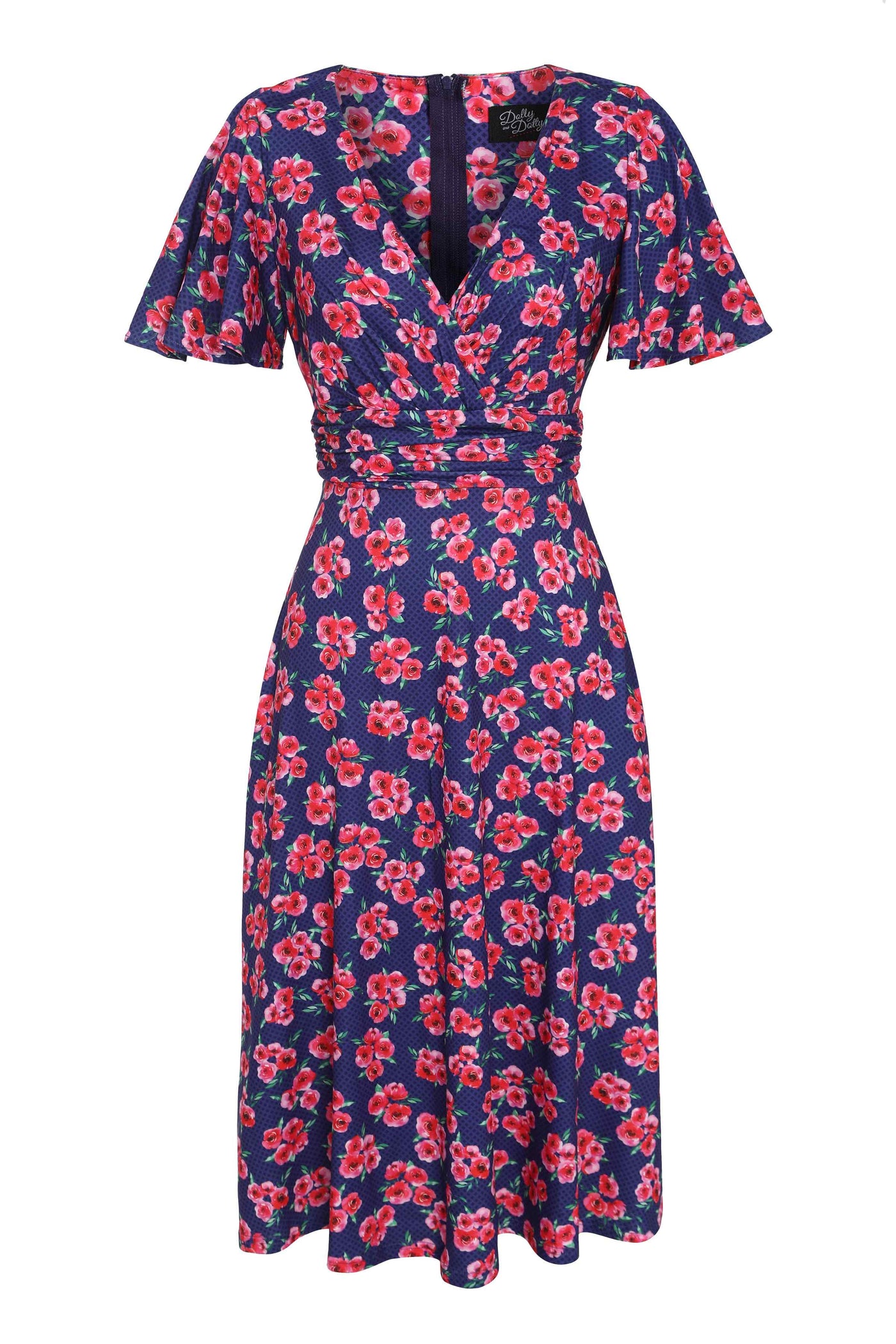 Dark Blue Floral Midi Dress With Pockets