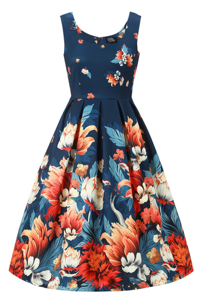 A model wearing a Dark Blue Flower Garden Swing Dress
