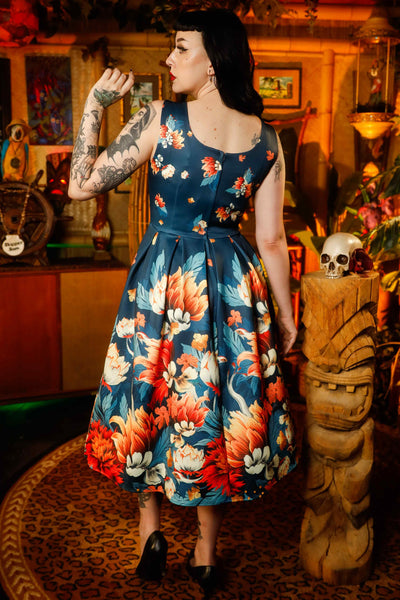 A model wearing a Dark Blue Flower Garden Swing Dress