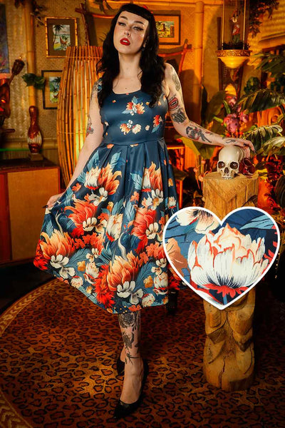 A model wearing a Dark Blue Flower Garden Swing Dress