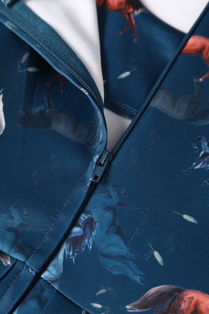 Close up view of Dark Blue Horse Swing Dress