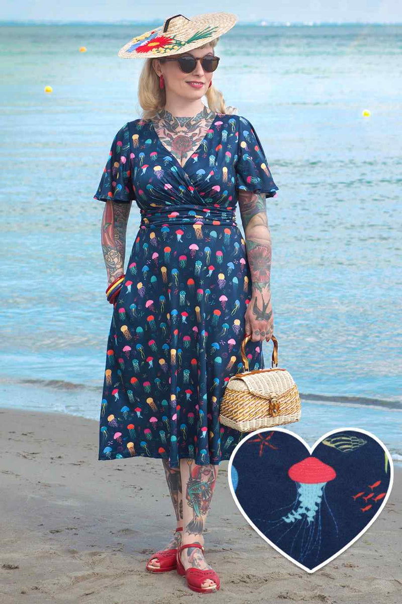 Short Sleeved Dark Blue Jellyfish Tea Dress Short Sleeved Dark Blue Jellyfish Tea Dress