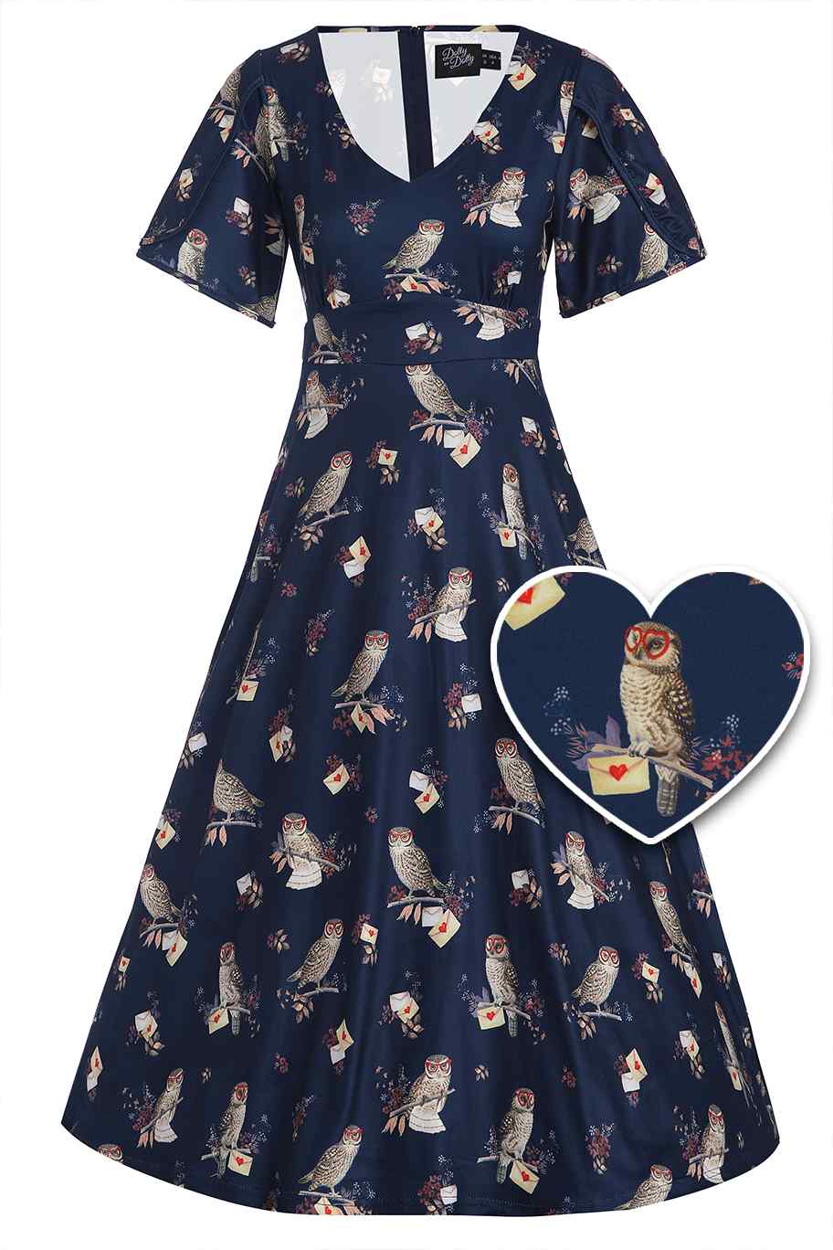 Dark Blue Sleeved Flared Tea Dress In Owl Print