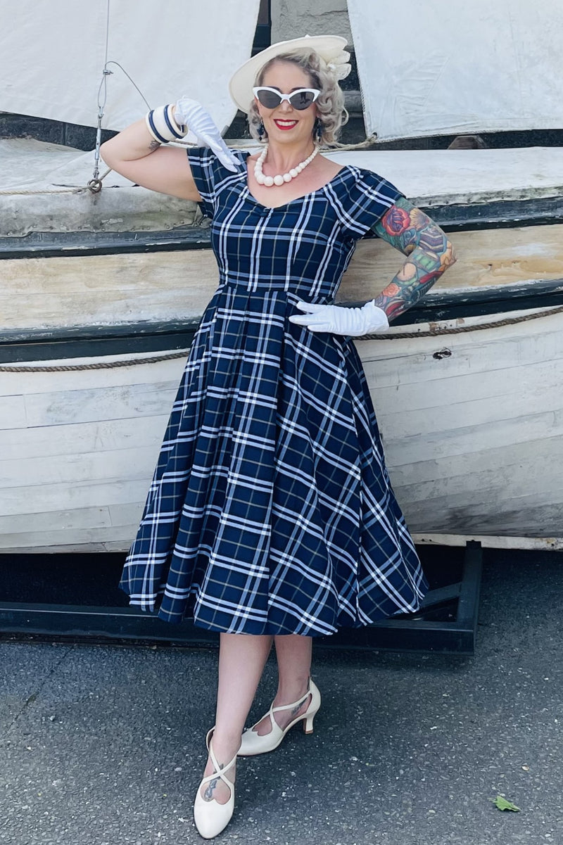 Dark Blue Tartan Off Shoulder Swing Dress