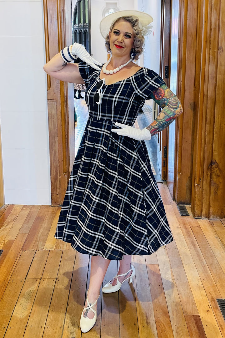 navy blue tartan dress Navy Plaid Long Tiered Dress Small