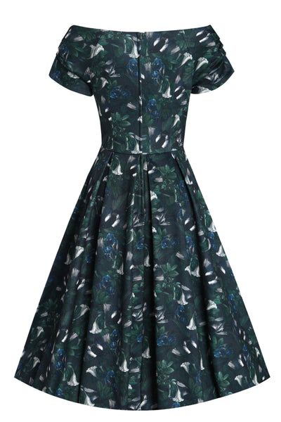 Back view of Dark Green Off Shoulder Dress In Magpie Print