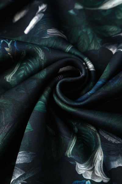 Close up view of Dark Green Off Shoulder Dress In Magpie Print