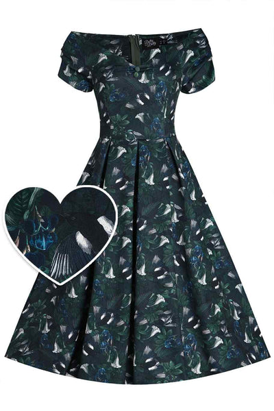 Front view of Dark Green Off Shoulder Dress In Magpie Print