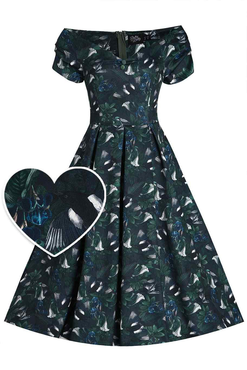 Front view of Dark Green Off Shoulder Dress In Magpie Print