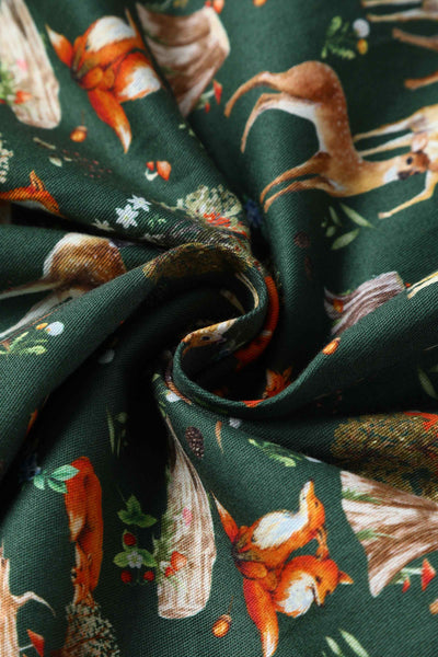 Close up View of Dark Green Shirt Dress In Forest Woodland Print