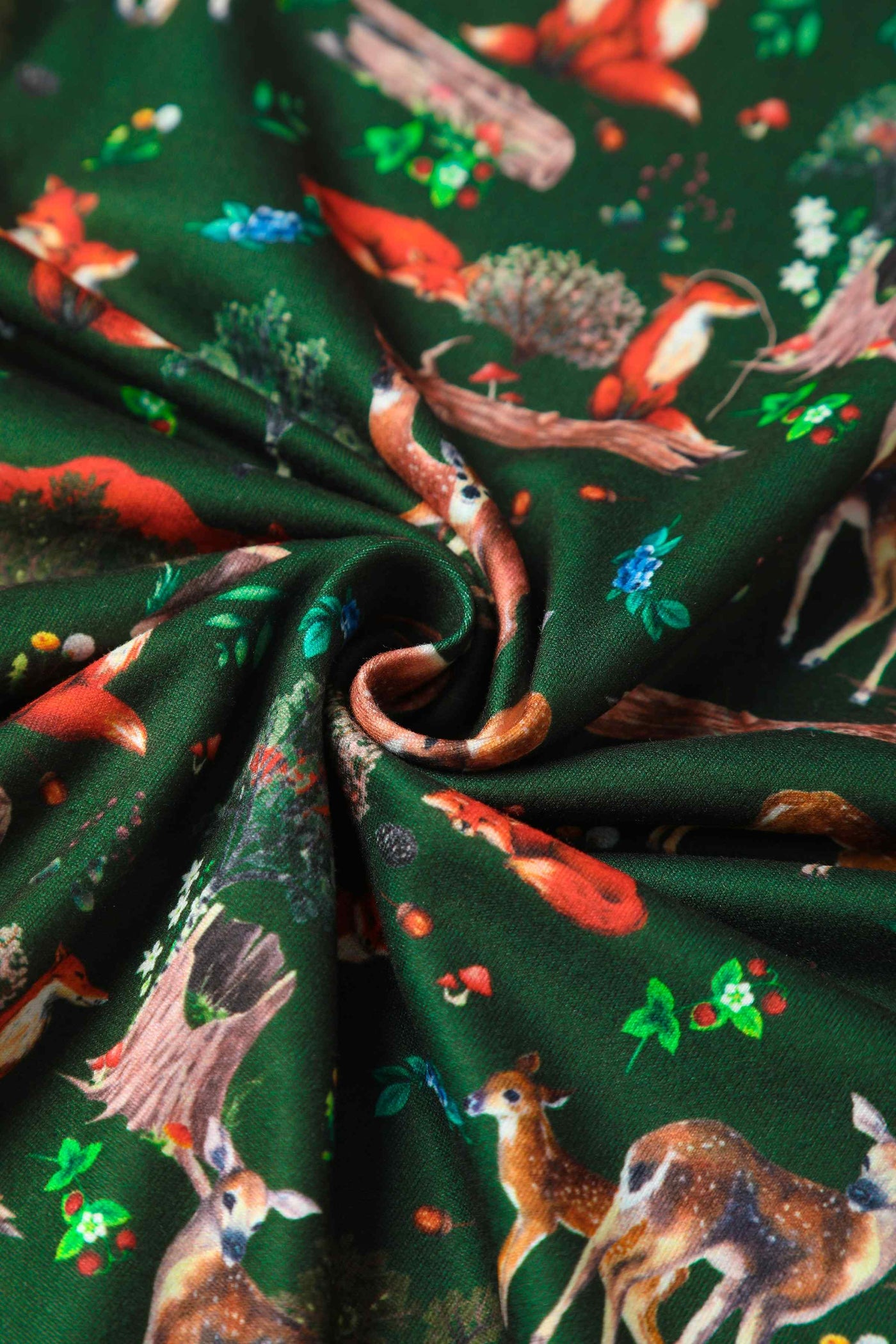Close up view of Woodland Print Midi Dress in Dark Green